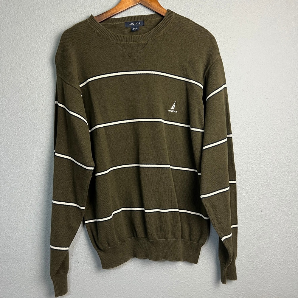 Nautica Mens Y2K Striped Crew Neck Sweater‎ Olive Green White Cotton Lg Coastal